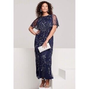 Roamans Woman’s Size 30 Formal Dress Sequined Beaded Navy Blue Mesh Long MOB MOG